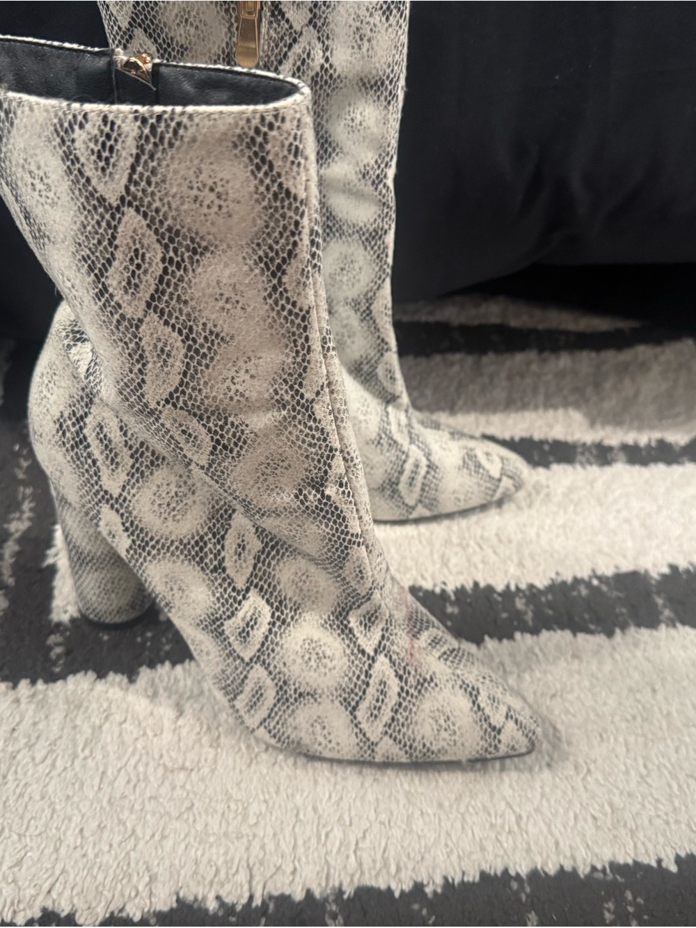Snake-Print Pointed Toe Mid-Calf Boots - Gray/White